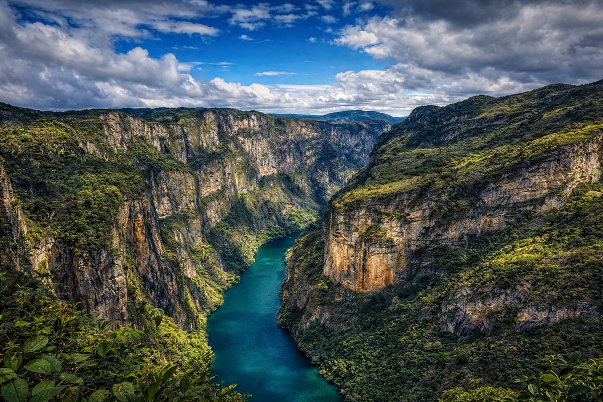 Aerial view of a turquoise river flowing through a deep canyon surrounded by steep forested cliffs and rocky walls under blue sky