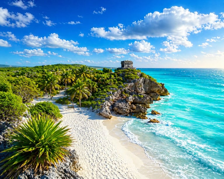 Tropical beach with white sand, turquoise ocean, palm trees, and an ancient stone structure on a rocky cliff overlooking the Caribbean shore.