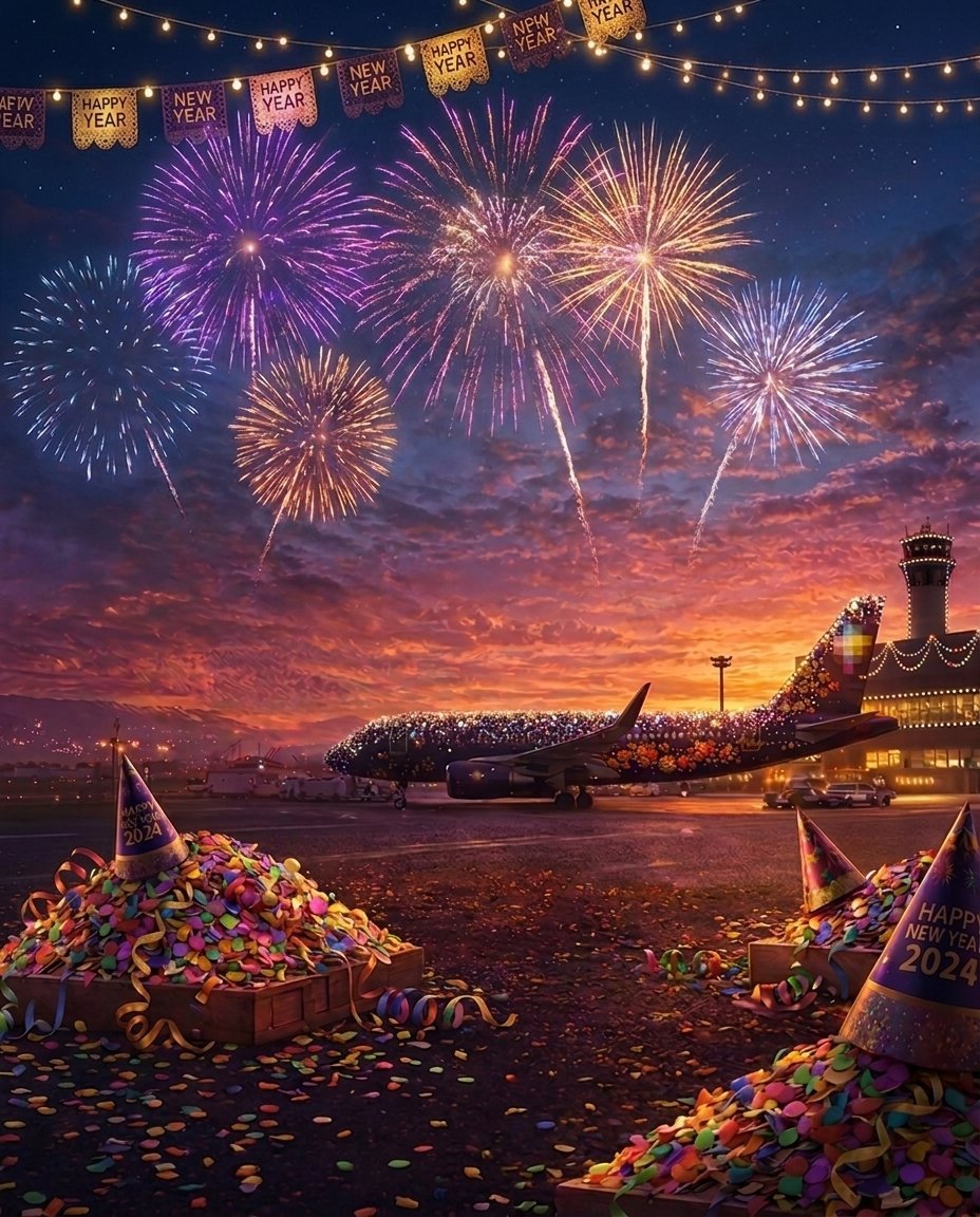 New Year celebration at airport with colorful fireworks, festive decorations, and planes at sunset