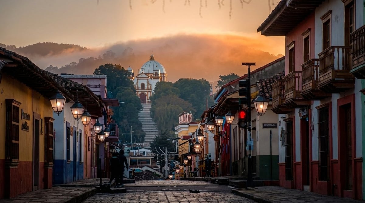 Colonial street at golden hour with colorful buildings and a domed cathedral visible in the distance at sunset
