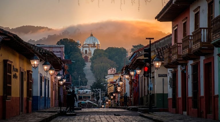 Colonial street at golden hour with colorful buildings and a domed cathedral visible in the distance at sunset