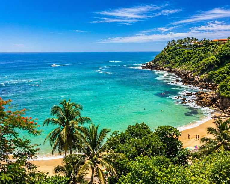 Tropical beach with turquoise water, golden sand, palm trees, and lush green cliffs under a clear blue sky