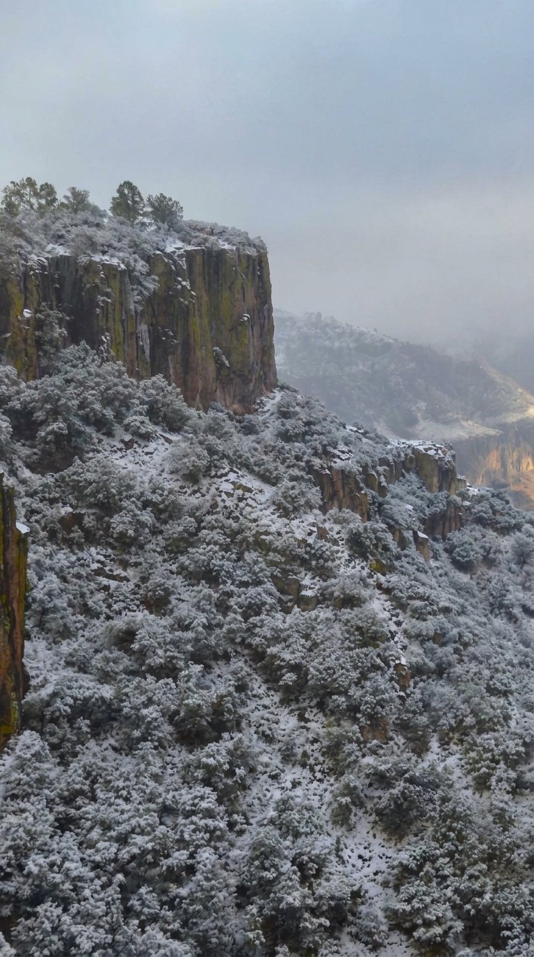 Snow-covered rocky cliff with columnar basalt formations overlooking a misty mountain valley landscape