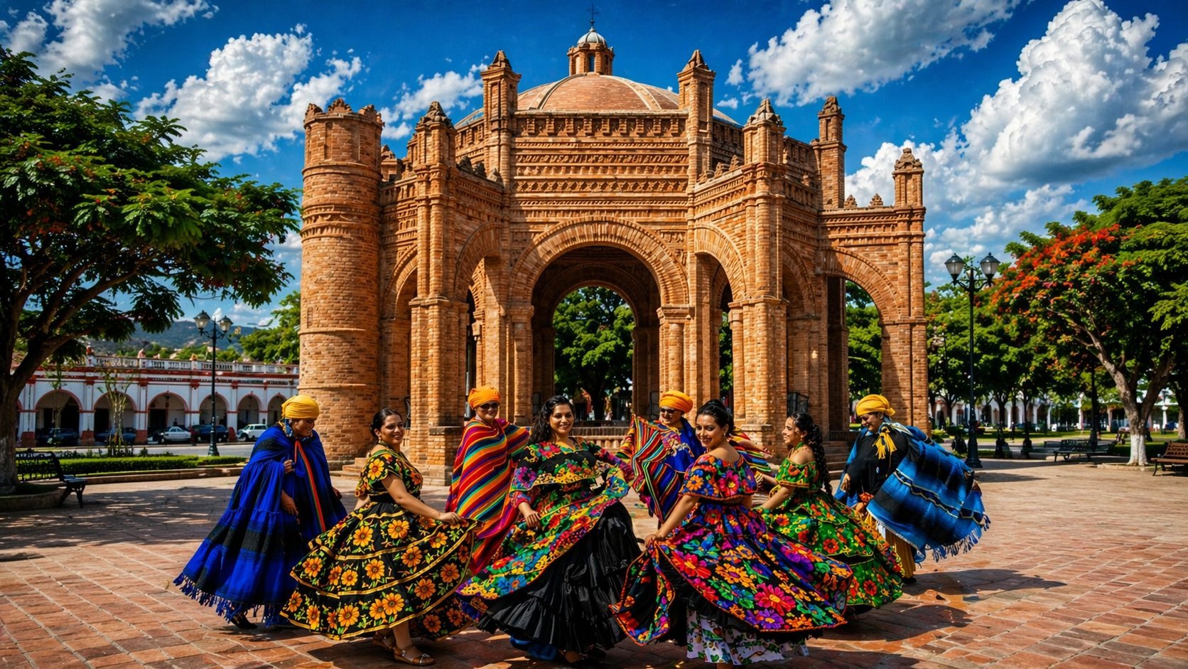 Women in colorful traditional dresses pose in front of an ornate golden brick gateway under blue sky