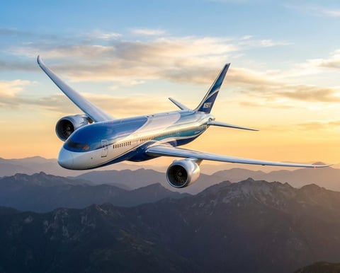 Blue and white commercial airplane flying over mountains at sunset with dramatic sky