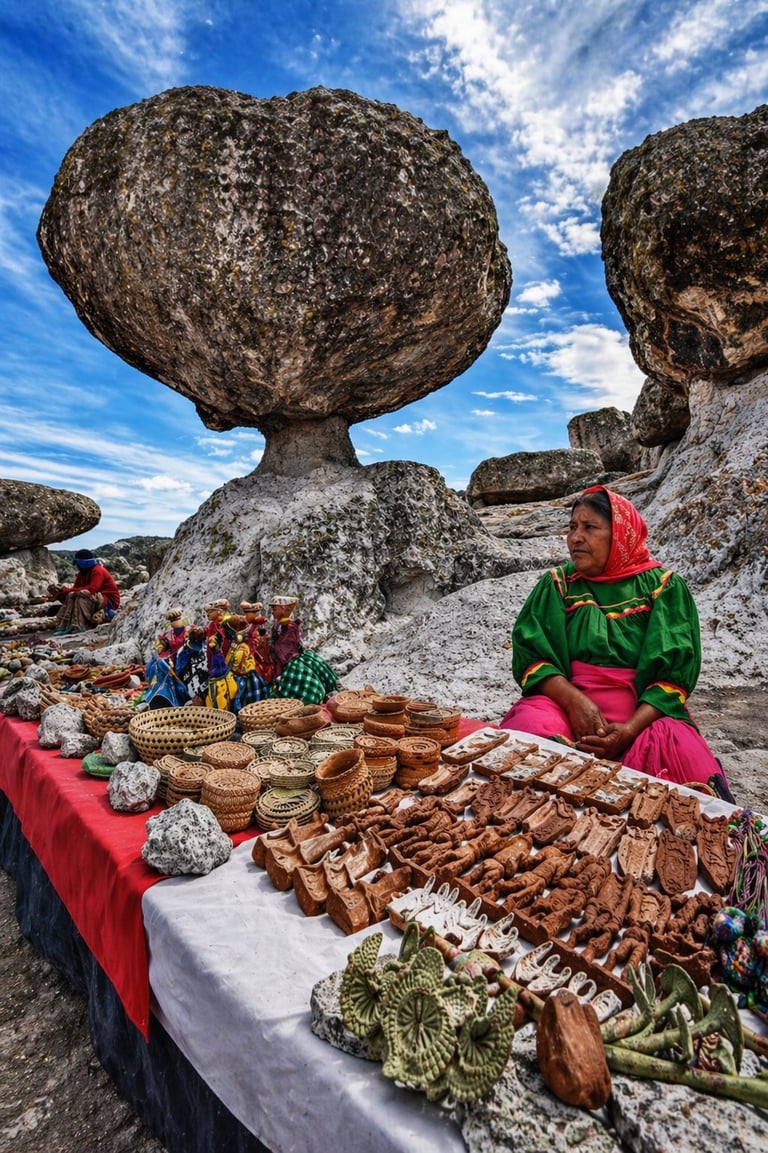 Mujer con vestido tradicional vendiendo artesanías de madera bajo una enorme formación rocosa equilibrada contra el cielo azul
