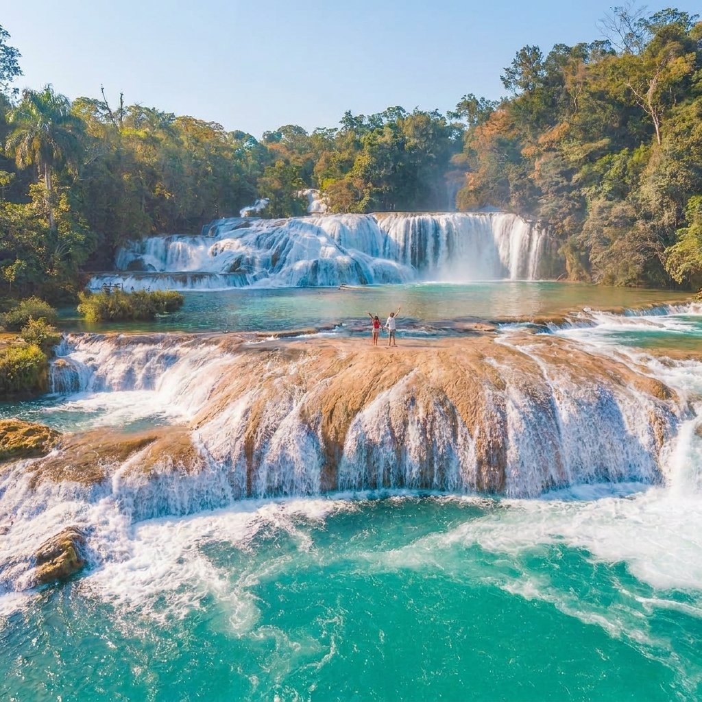 Multi-tiered waterfall cascading into turquoise pools surrounded by lush green forest