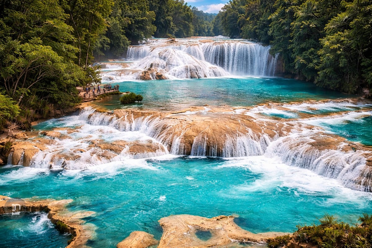 Tiered turquoise waterfall cascading through lush green forest with white limestone formations and flowing water pools