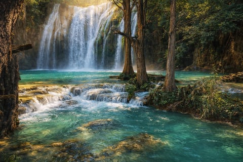 Cascada cayendo en pozas turquesa rodeadas de bosque exuberante y árboles altos con luz del sol filtrándose