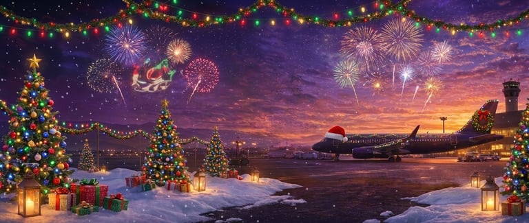 Holiday scene with decorated Christmas trees, presents, fireworks bursting over snowy airport at sunset with airplane and festive lights