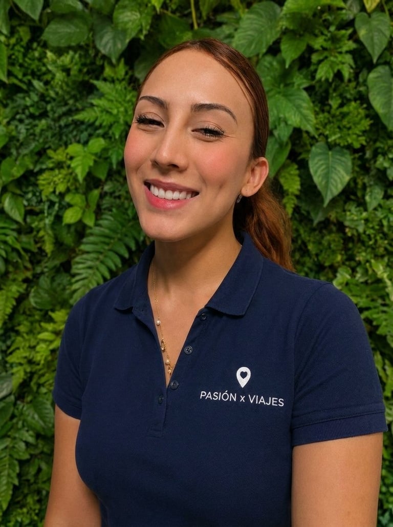 Smiling woman wearing navy polo shirt with Pasion x Viajes logo, standing in front of green foliage wall