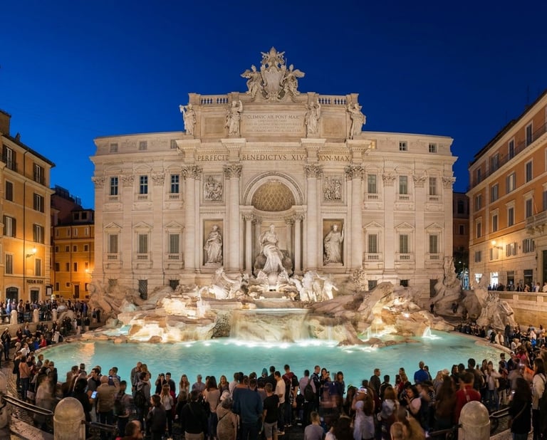 Trevi Fountain illuminated at night in Rome, surrounded by crowds of tourists in the plaza