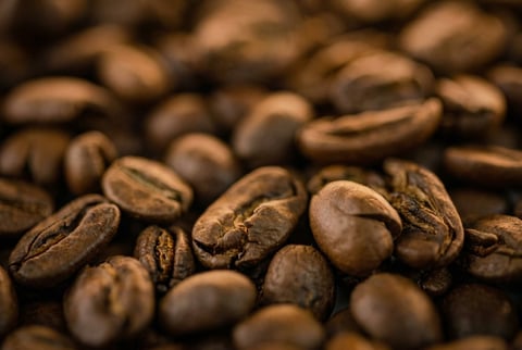 Close-up of roasted coffee beans scattered and in focus with blurred beans in the background