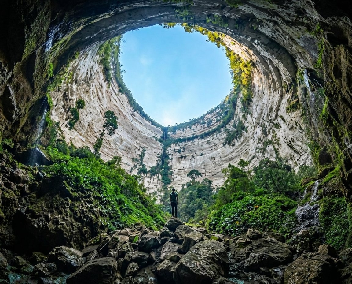 Inside view of a massive circular sinkhole with lush green vegetation and sky visible through the opening above