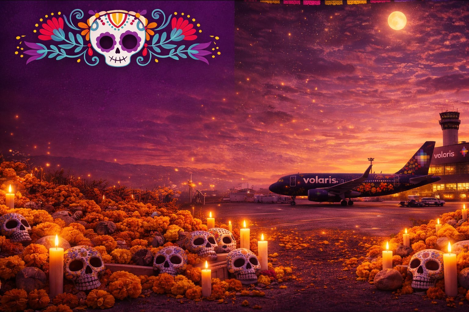 Day of the Dead themed airport scene with decorated skull, marigolds, candles, and Volaris airplane at sunset with purple and orange sky