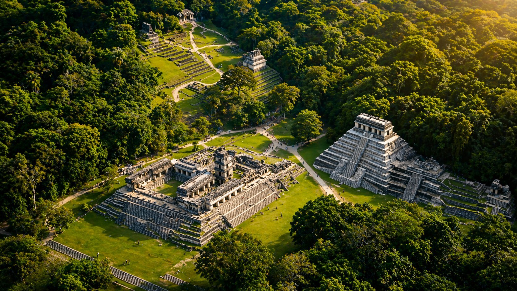 Aerial view of Mayan ruins nestled in dense jungle with two stone pyramids and ancient structures surrounded in green vegetation