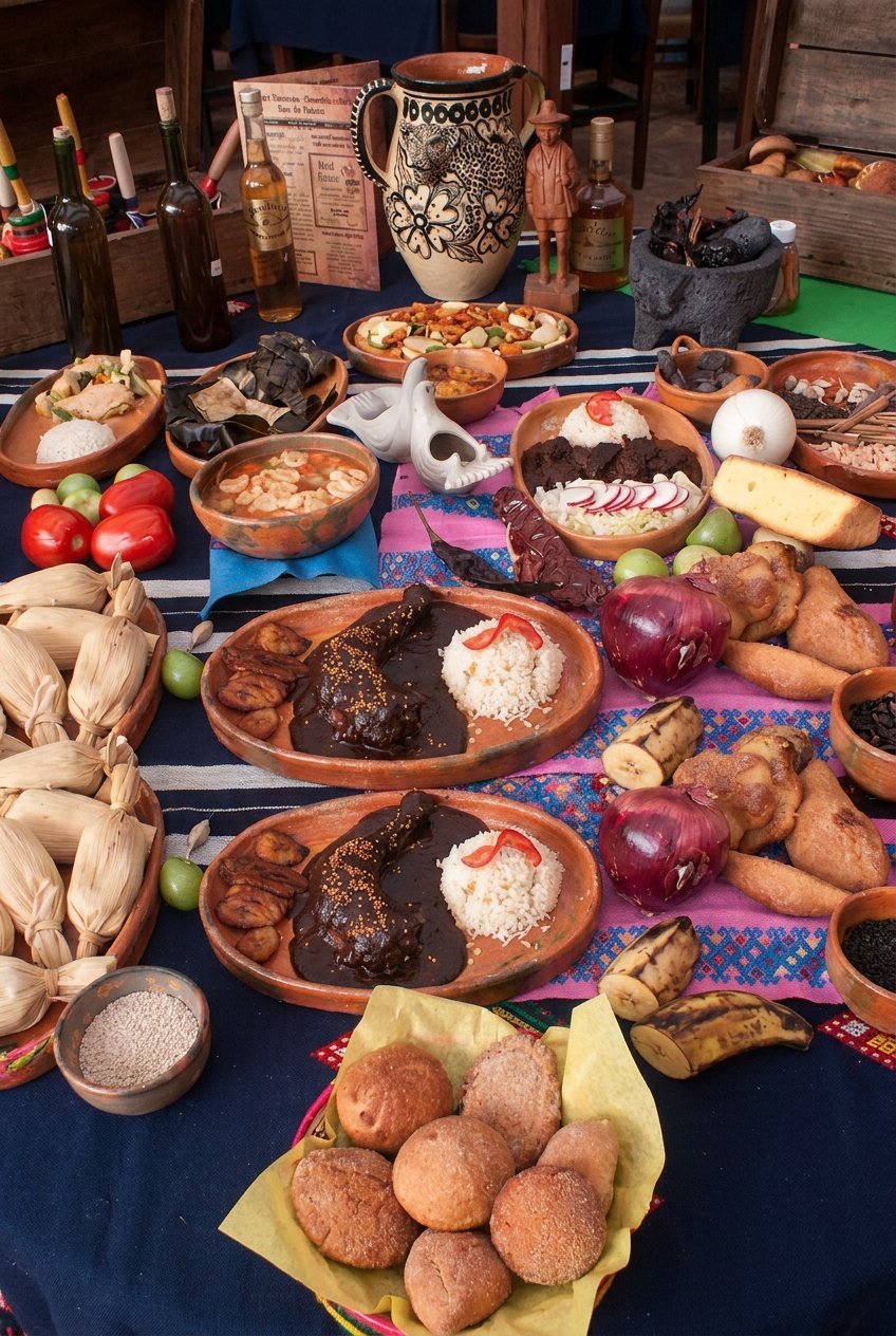 Elaborate Mexican feast display with mole negro, tamales, pottery, regional foods, and wine bottles on a colorful table setting