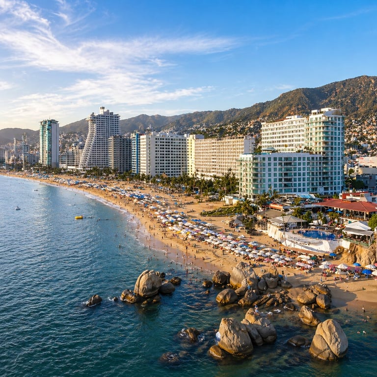 Aerial view of a coastal resort town with high-rise hotels, sandy beach crowded with umbrellas, clear turquoise waters, and rocky outcrops.