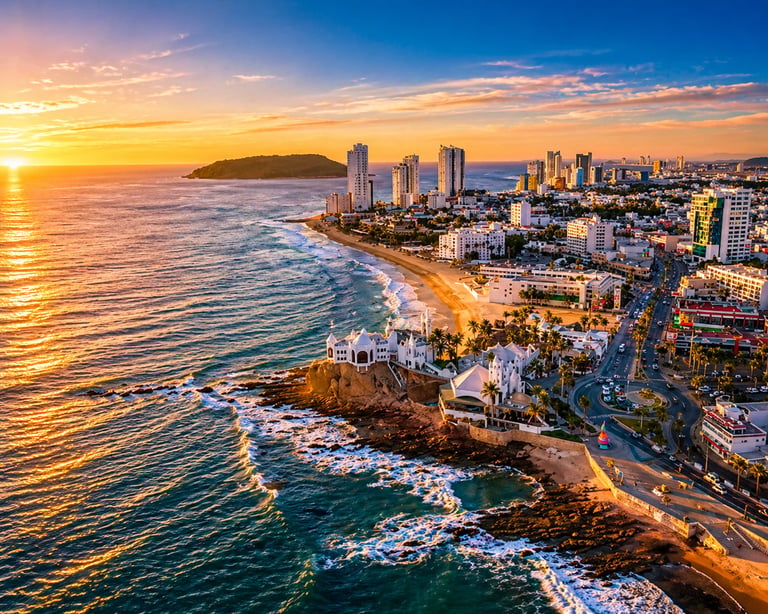 Aerial sunset view of a coastal city skyline with golden beaches, waves, and illuminated buildings along the shoreline at dusk