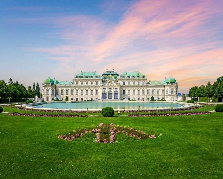 Belvedere Palace in Vienna with manicured gardens, ornamental pond, and baroque architecture under a colorful sky
