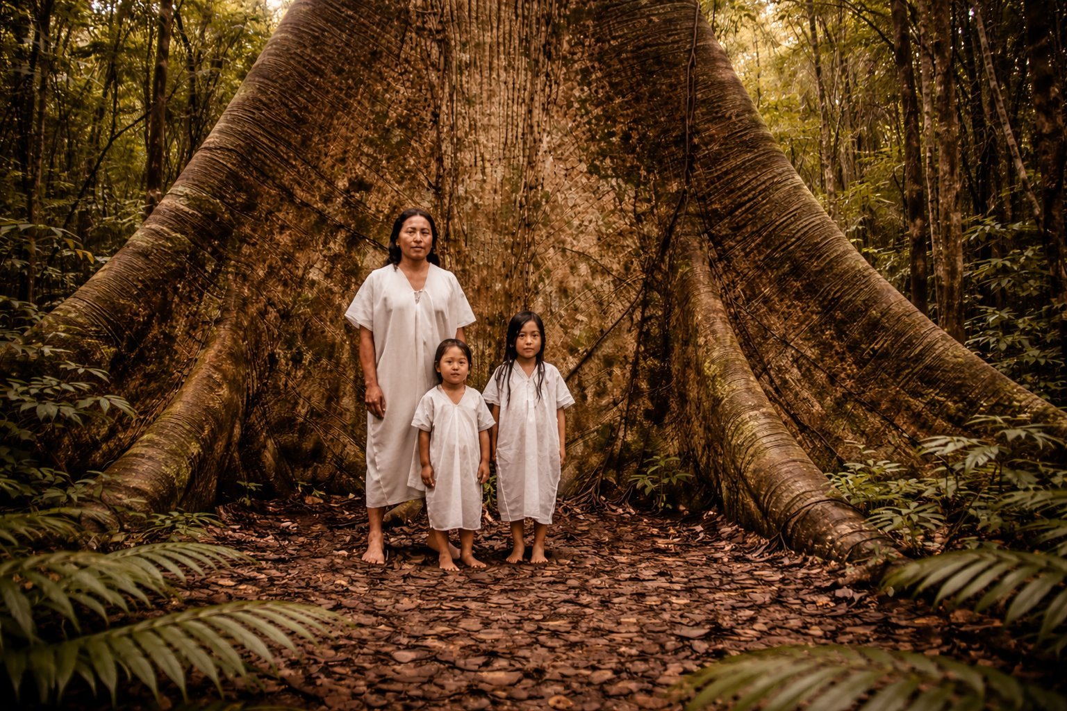 Woman and two children in white clothing standing inside a massive hollow tree trunk in a lush forest setting