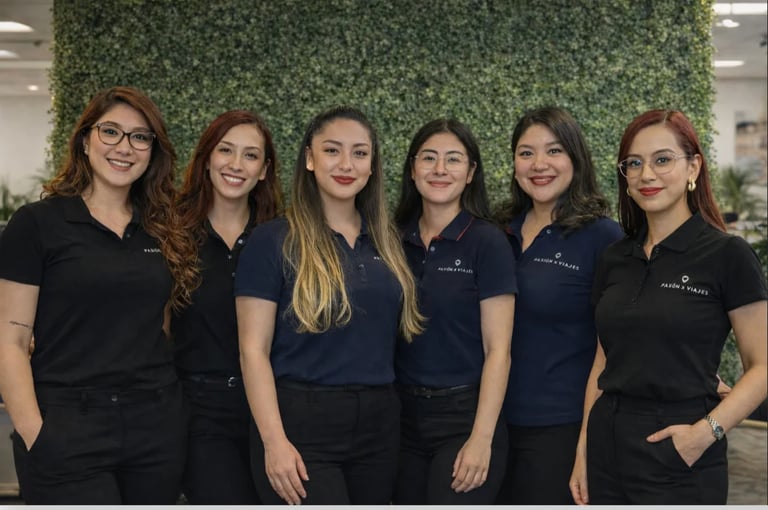 Six women in black and navy polo shirts smiling at the camera in front of a living green wall in an office setting