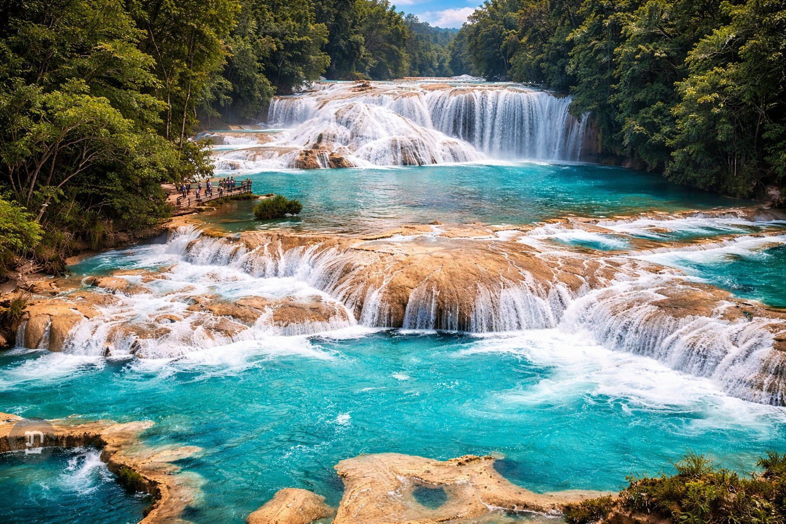 Cascading turquoise waterfalls surrounded by lush green forest and limestone terraces