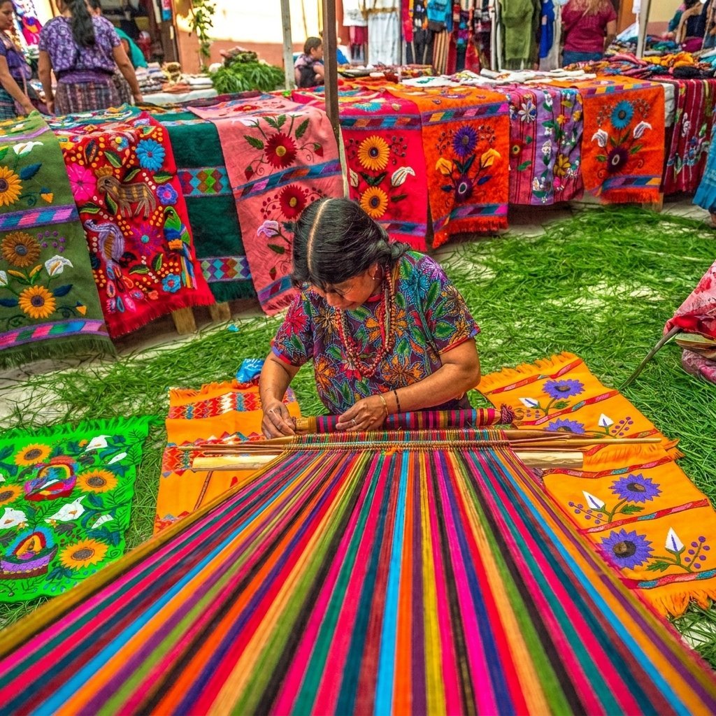 Artisan weaving colorful striped fabric on loom with drying textiles displayed in market setting