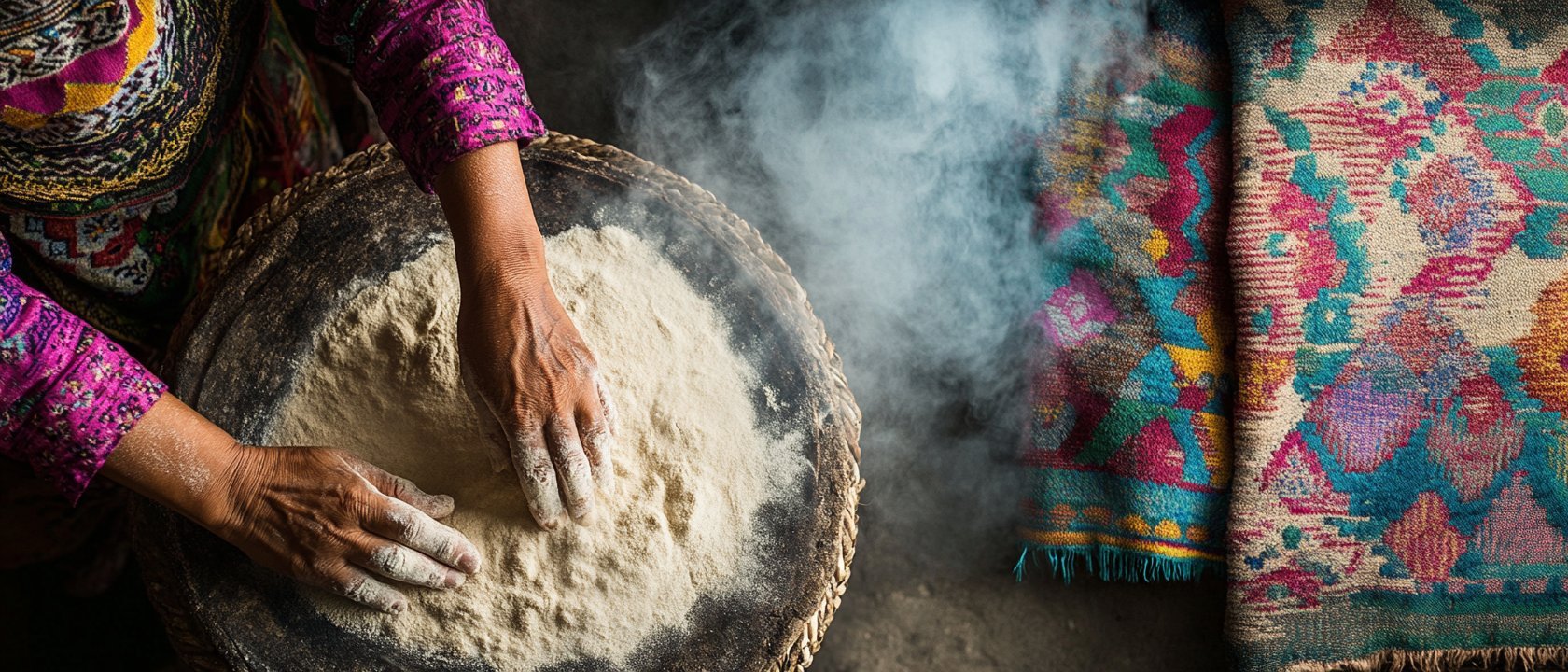 Person sifting flour with hands over a large bowl, creating a flour cloud, wearing colorful patterned clothing