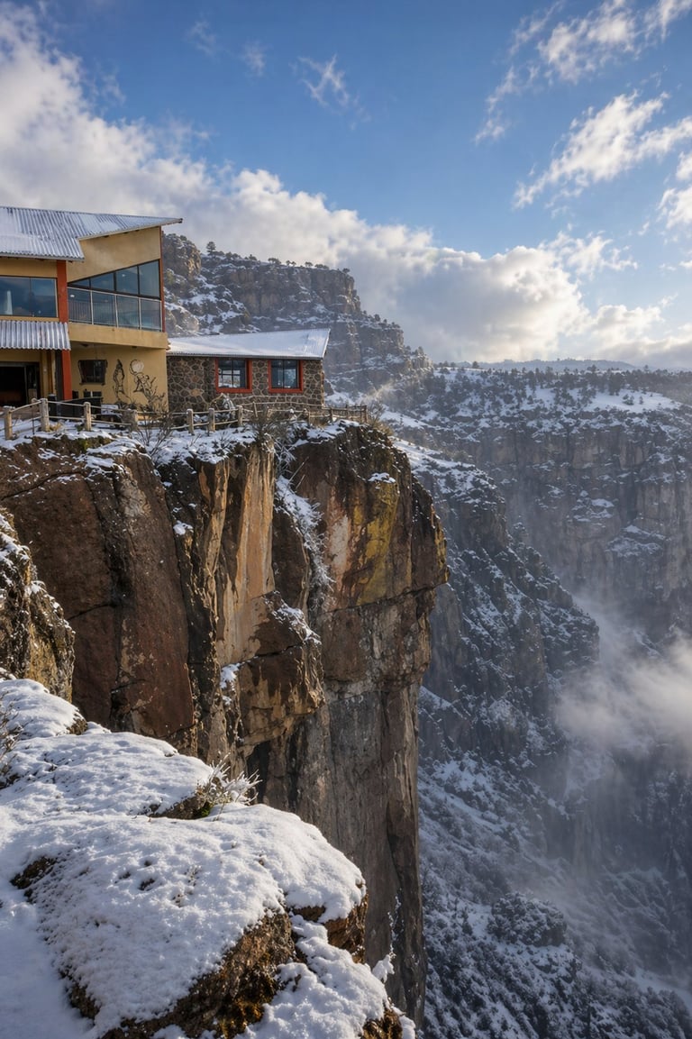 Casa moderna en el borde de un acantilado nevado con un cañón brumoso y montañas cubiertas de nieve al fondo