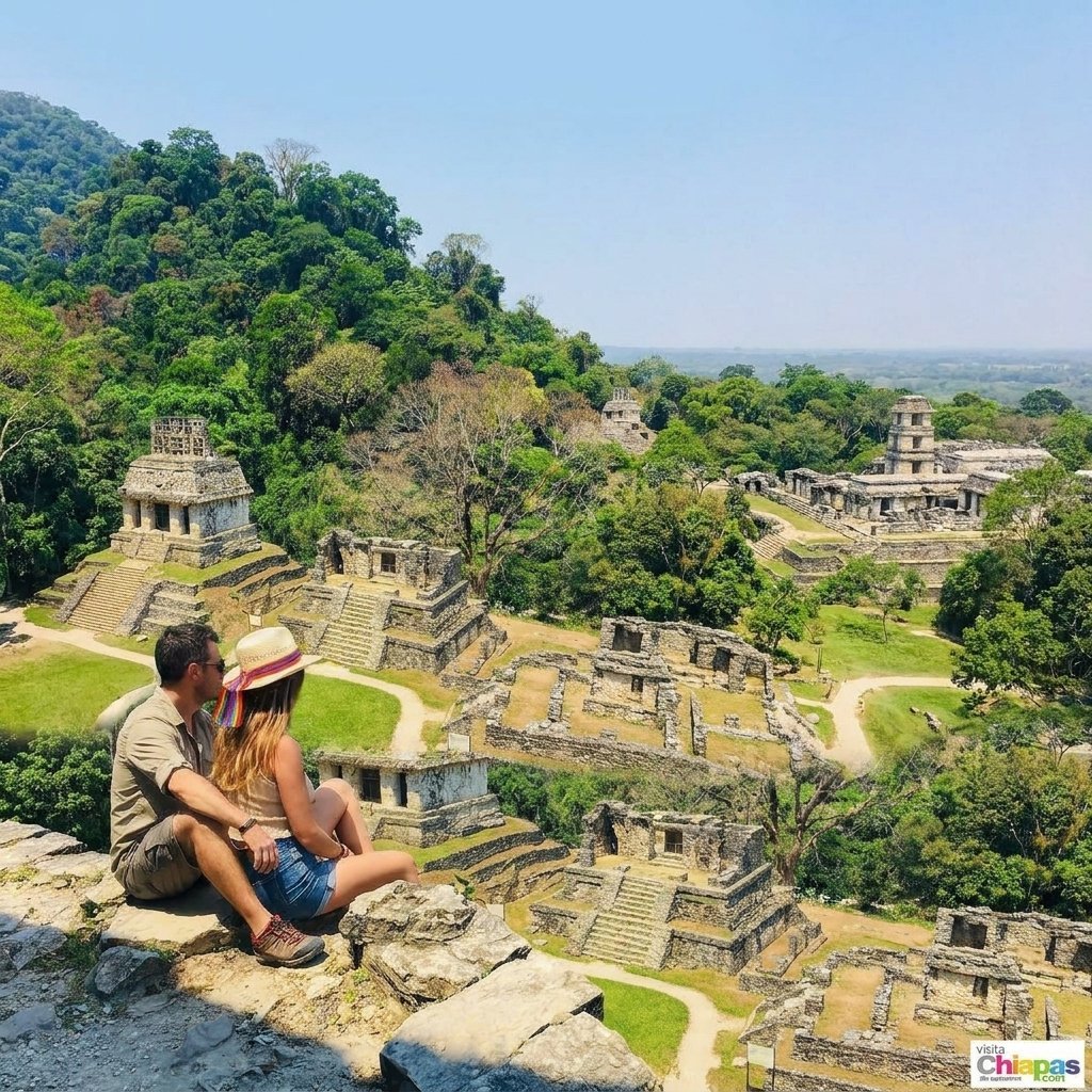 Couple sitting on cliff overlooking Mayan ruins nestled in lush jungle landscape