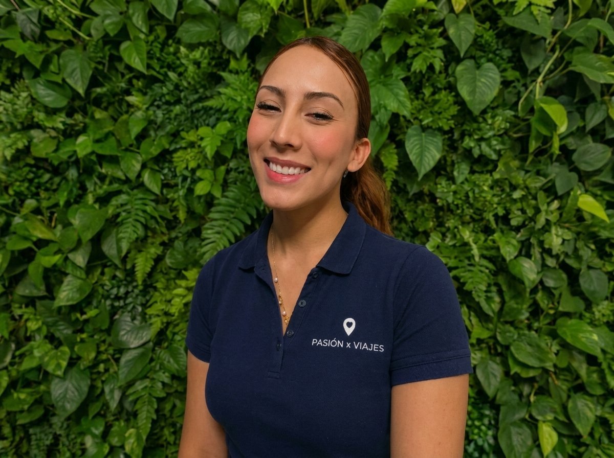 Woman smiling in navy polo shirt with logo standing against green foliage wall