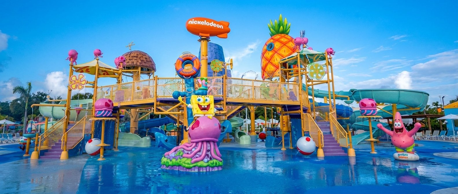 Colorful water park playground with slides, spray features, and bright yellow structures reflected in blue water
