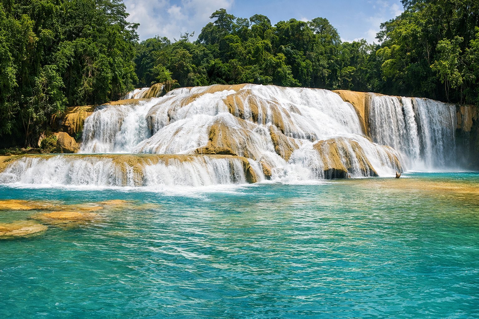 Cascading waterfall with white and golden mineral deposits flowing into turquoise water surrounded by lush green forest