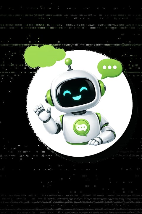 Cheerful white and green robot with a smiling face, waving and displaying chat message bubbles on a dark background