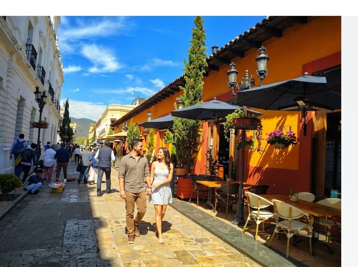 Pareja caminando por calle empedrada de San Cristóbal con edificios coloniales coloridos