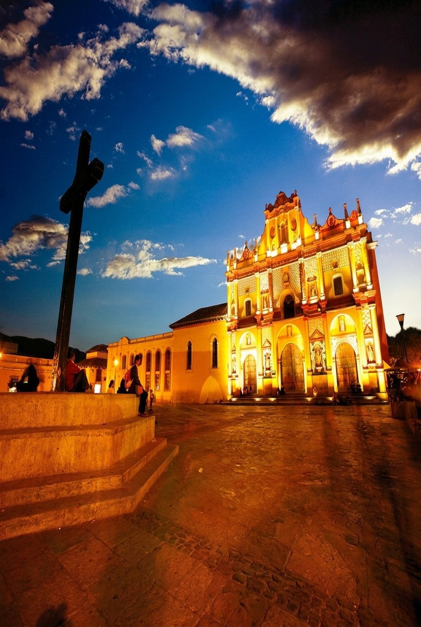Illuminated yellow colonial church at dusk with a cross in foreground, Oaxaca Mexico