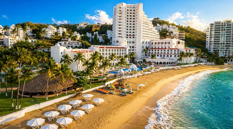 Beachfront resort with sandy beach, white umbrellas, palm trees, and high-rise hotels overlooking turquoise ocean waters