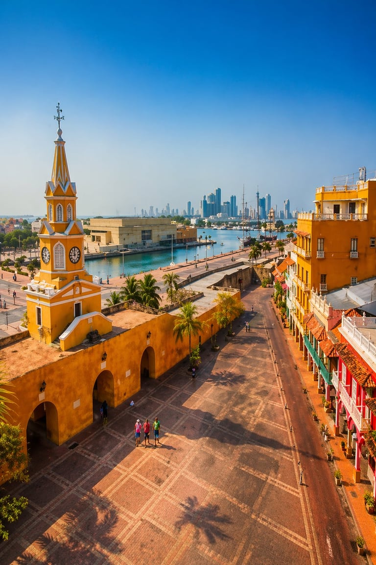 Aerial view of colorful colonial architecture with yellow church tower overlooking waterfront and city skyline on clear blue day