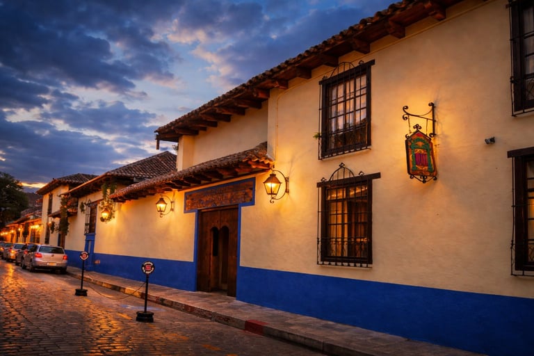 Colonial-style building with cream and blue facade at twilight