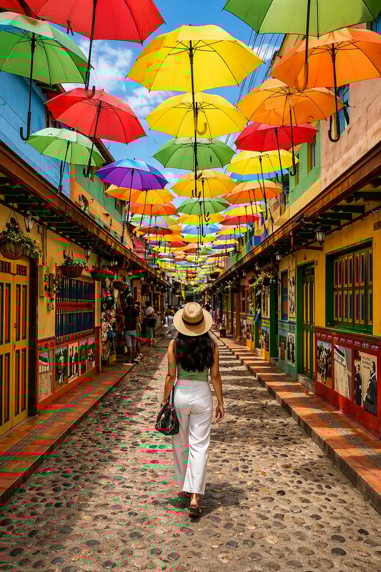 Woman walking down a colorful street adorned with hanging rainbow umbrellas creating a vibrant canopy overhead