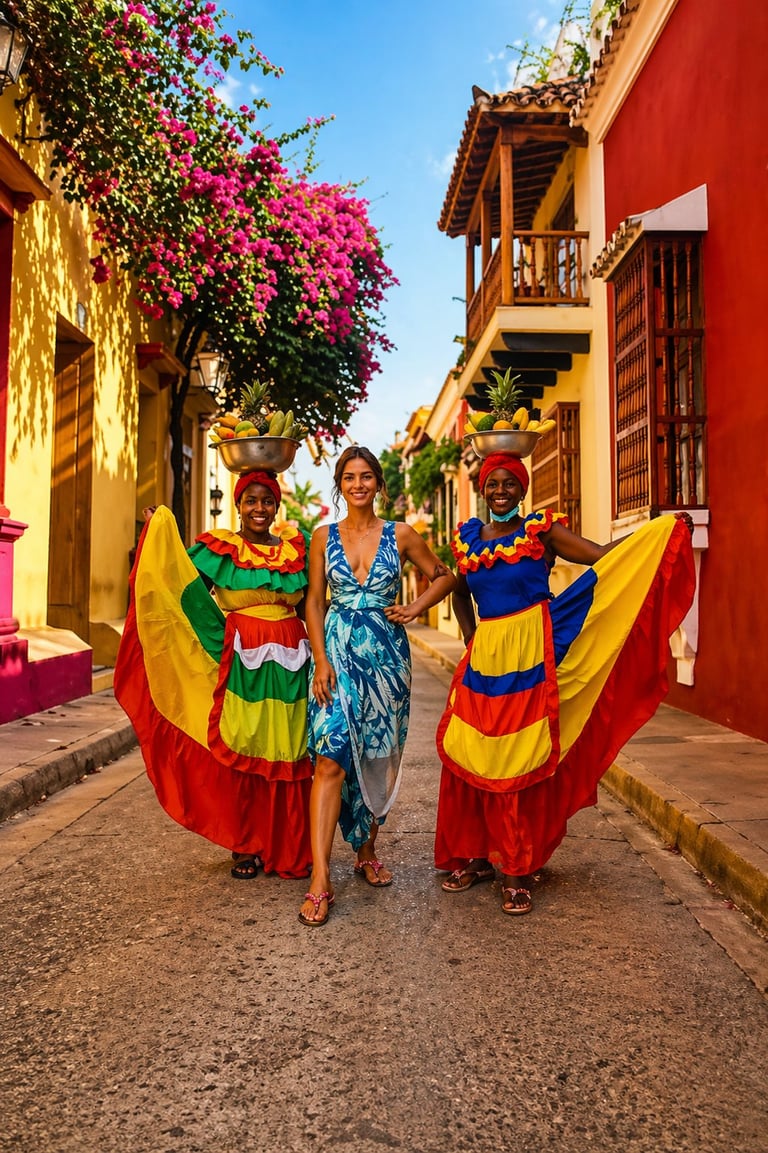 Three women in colorful traditional Colombian dresses posing on a vibrant colonial street with pink bougainvillea flowers and colorful buildings