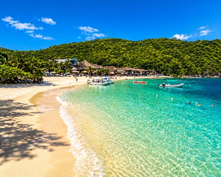 Tropical beach with turquoise water, sandy shore, palm trees, boats, and beachfront buildings on a forested hillside