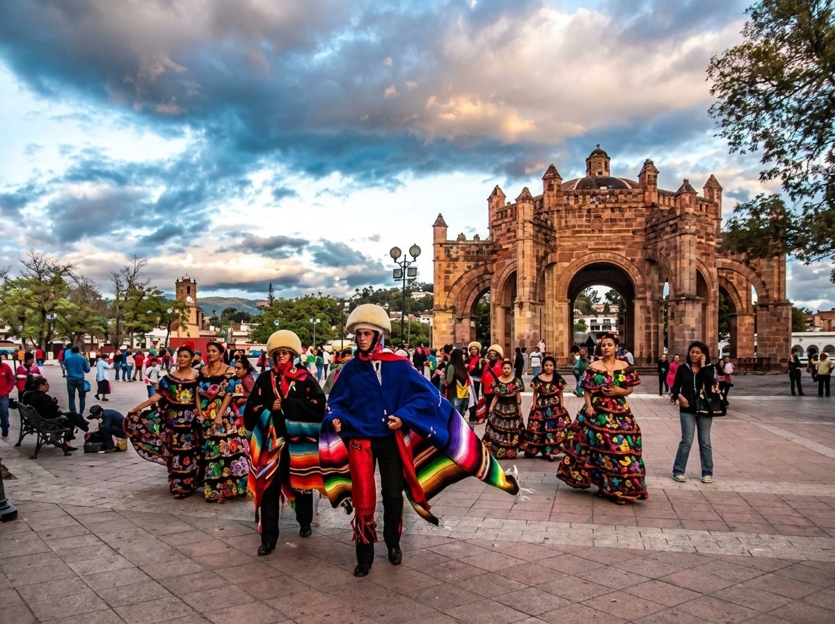 Colorful dancers in traditional red costumes performing in front of an ornate stone archway with crowds gathered in a Mexican plaza under dramatic clouds