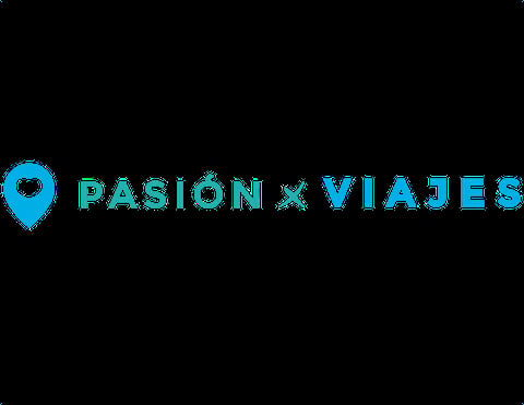 Pasion x Viajes logo with blue location pin icon and turquoise text on black background