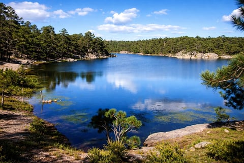 Serene blue lake surrounded by dense green forest and rocky shores under a partly cloudy sky