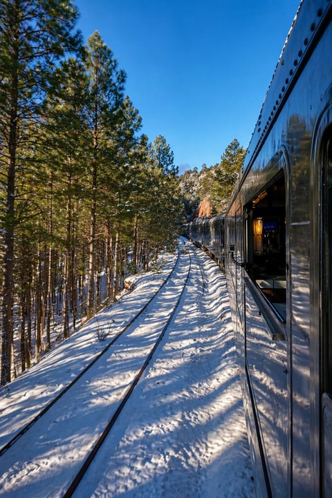 Train traveling through snowy pine forest on railroad tracks under clear blue sky - CHEPE Express