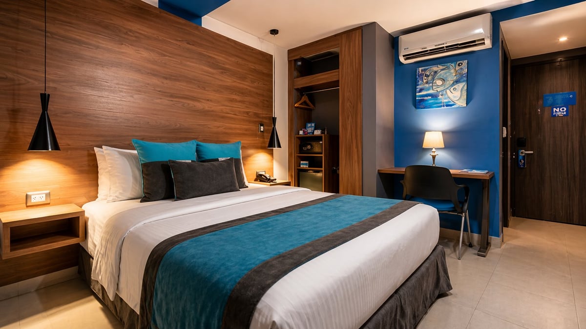 Modern hotel bedroom with queen bed, teal and white bedding, wooden accent wall, blue wall decor, and warm lighting from bedside lamps