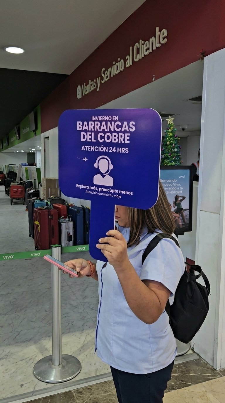 Woman holding a blue sign for Barranquilla del Cobre service center with 24-hour customer support in a mall setting