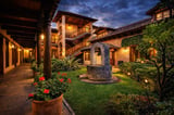 Spanish colonial courtyard at dusk